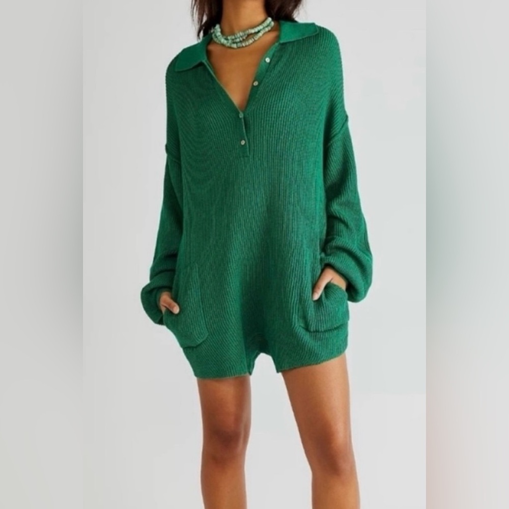 Free People Green Knit Oversized Sweater Romper